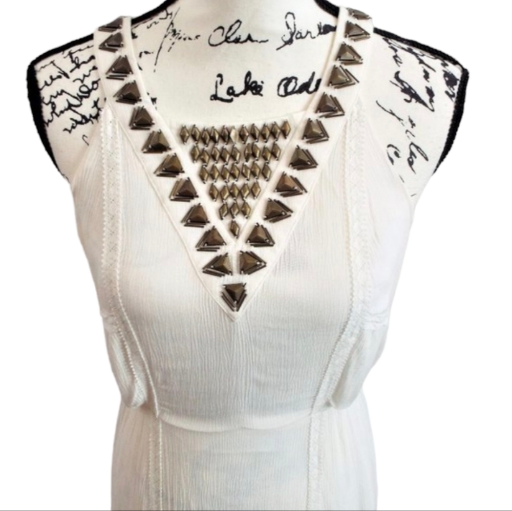 “Guess” Off-White Gold Studded Halter Maxi Dress with Back Cut-outs Size 8